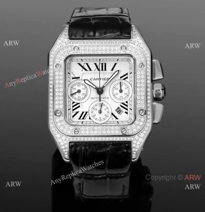 AAA Swiss Copy Cartier Santos Chronograph Pave Diamond Steel Watch 42mm